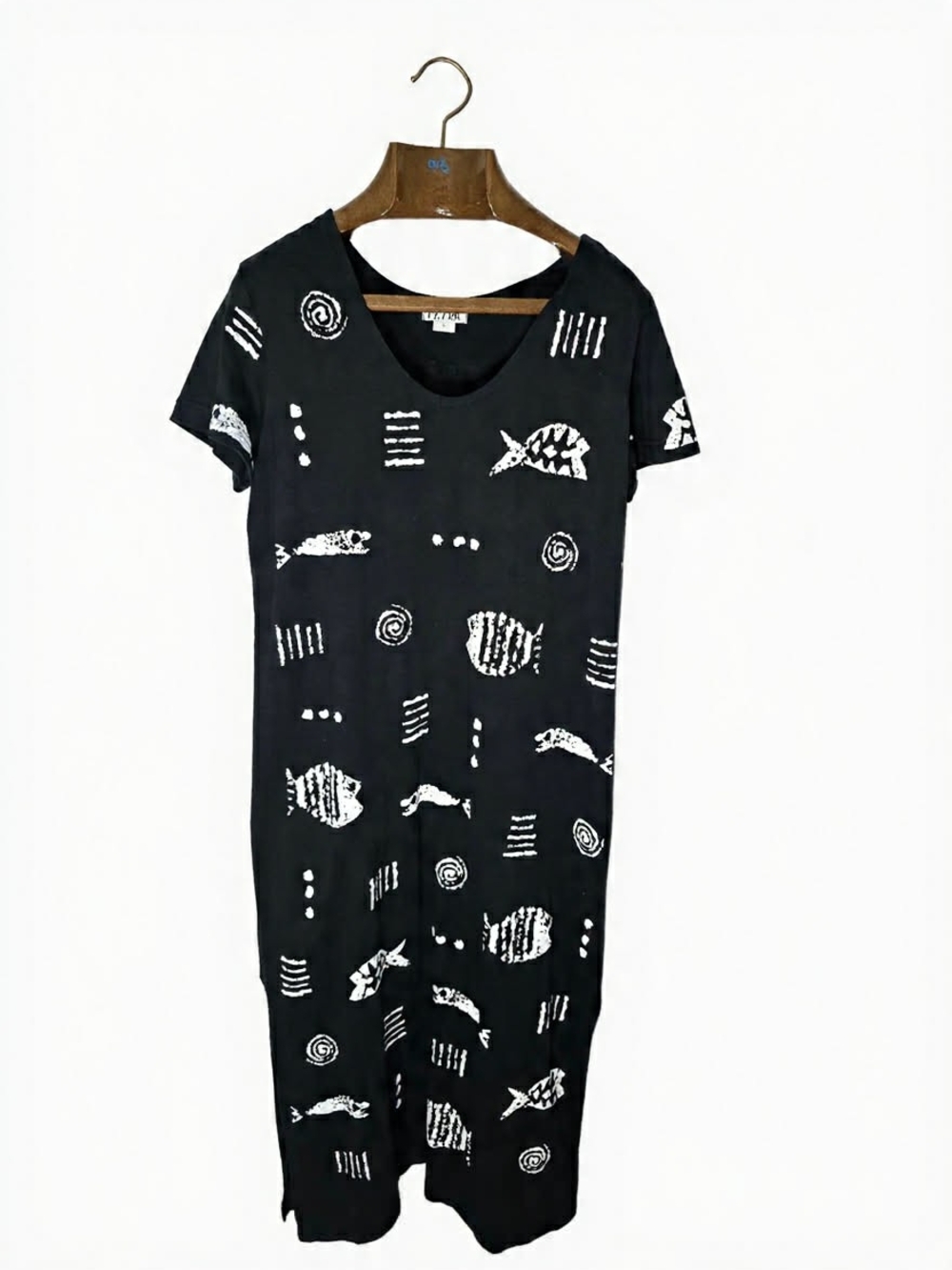 Women's Black Maxi Dress with White Fish Print Boho Coastal Vacation